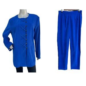 Vintage New Betsy's Things Women Royal Blue Stretch 2 Piece Pants Suit Jacket 12